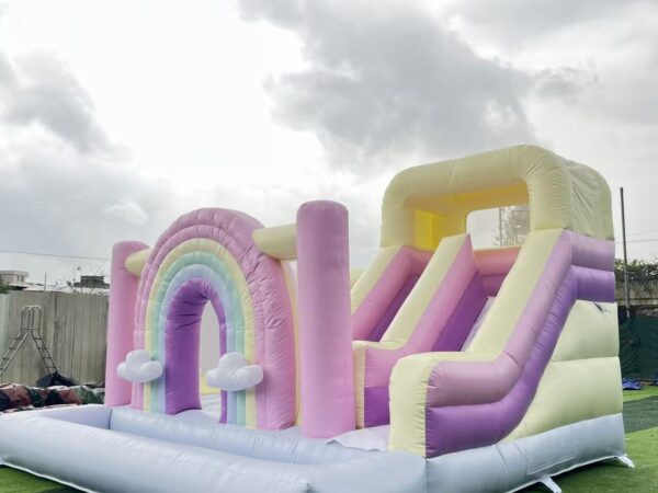 Pastel Rainbow Inflatable Bounce House with Slide | Commercial Kids Playground