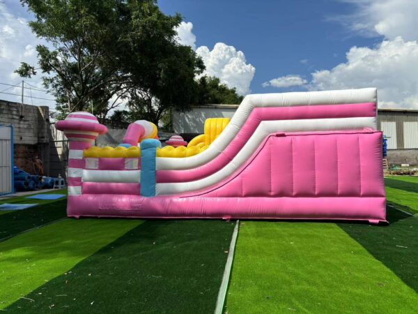 Pink Candy Land Inflatable Obstacle Course Bounce House With Slide For Girls