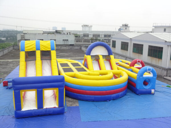 Commercial Inflatable Obstacle Course Multicolor Challenge Race With Climbing Wall & Slide For Kids Event Rental
