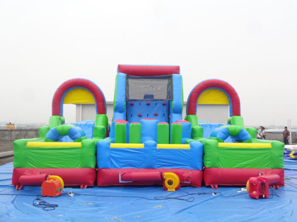 Commercial Inflatable Obstacle Course Multicolor Challenge Race With Climbing Wall & Slide For Kids Event Rental